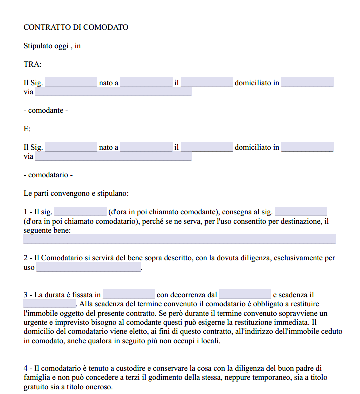 Contratto di Comodato d'Uso Gratuito di una Stanza