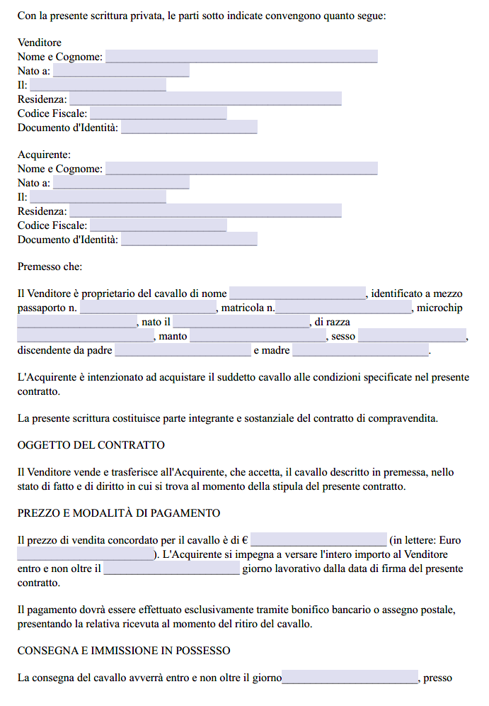 contratto compravendita cavallo tra privati