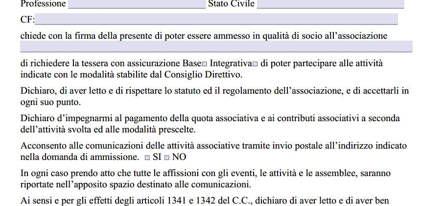 Domanda di Ammissione a Socio di Associazione