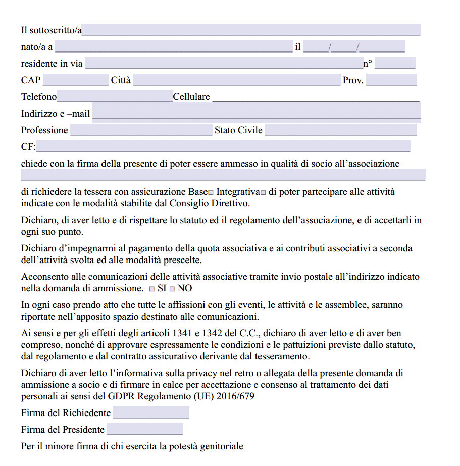 Domanda di Ammissione a Socio di Associazione