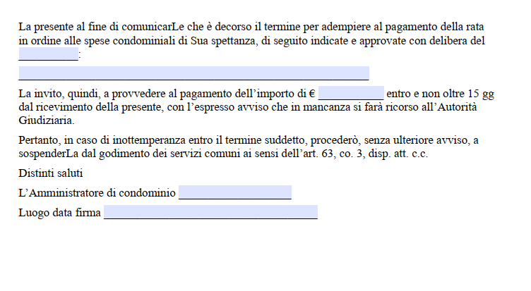 Sollecito Pagamento Spese Condominiali