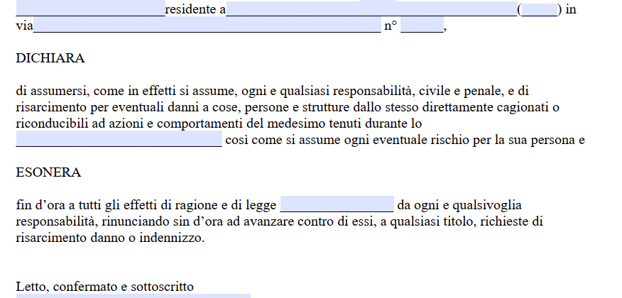 Dichiarazione di Esonero Responsabilità Generica