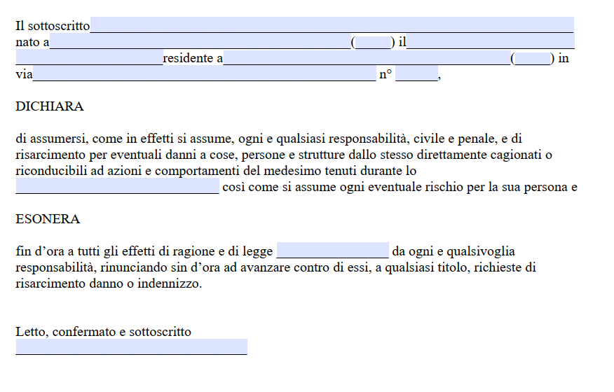 Dichiarazione di Esonero Responsabilità Generica