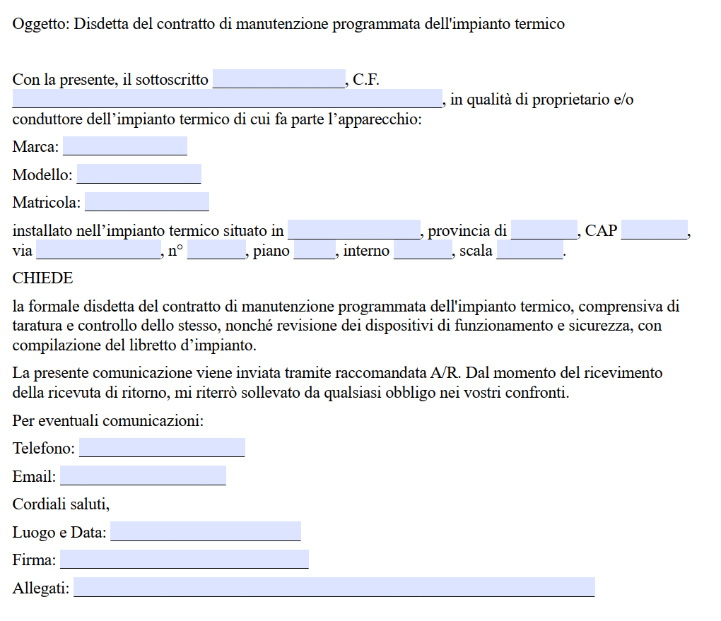 Disdetta Contratto Manutenzione Caldaia