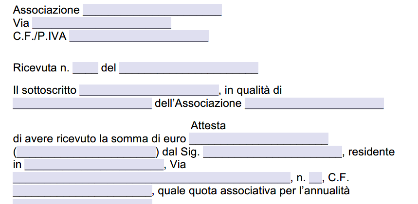 Fac simile ricevuta quota associativa