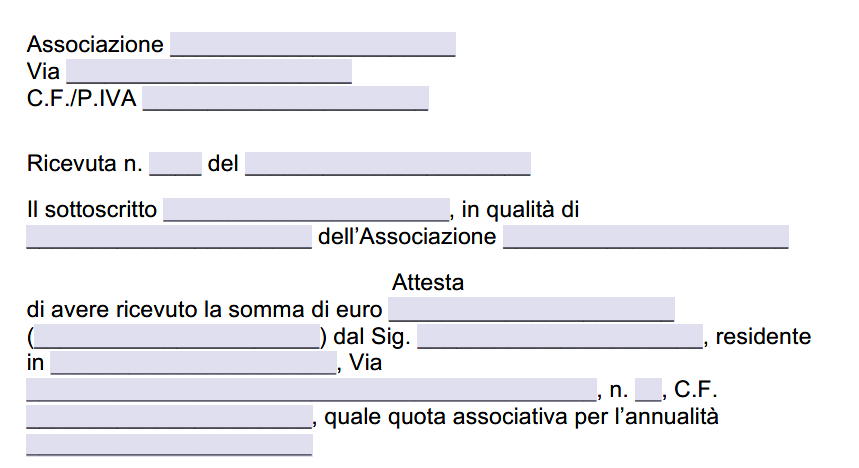 Fac simile ricevuta quota associativa