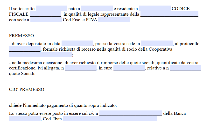 Rimborso quota sociale cooperativa