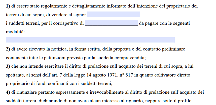 Rinuncia diritto di prelazione terreno agricolo