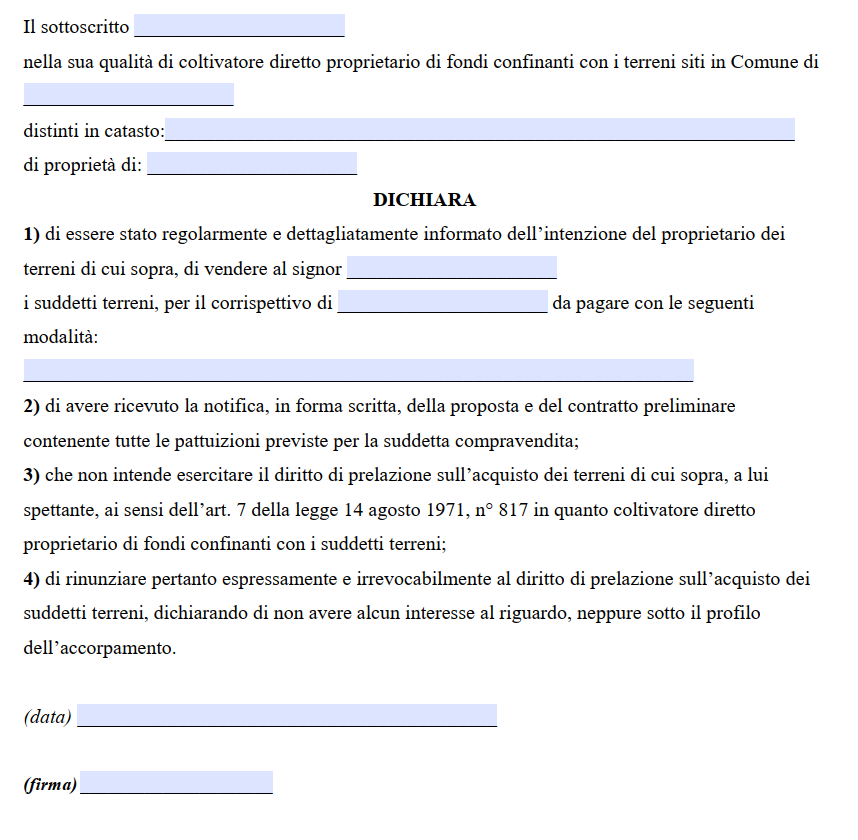 Rinuncia diritto di prelazione terreno agricolo 