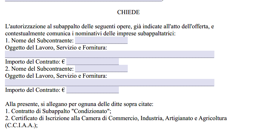 Modello Richiesta Autorizzazione al Subappalto Lavori Privati