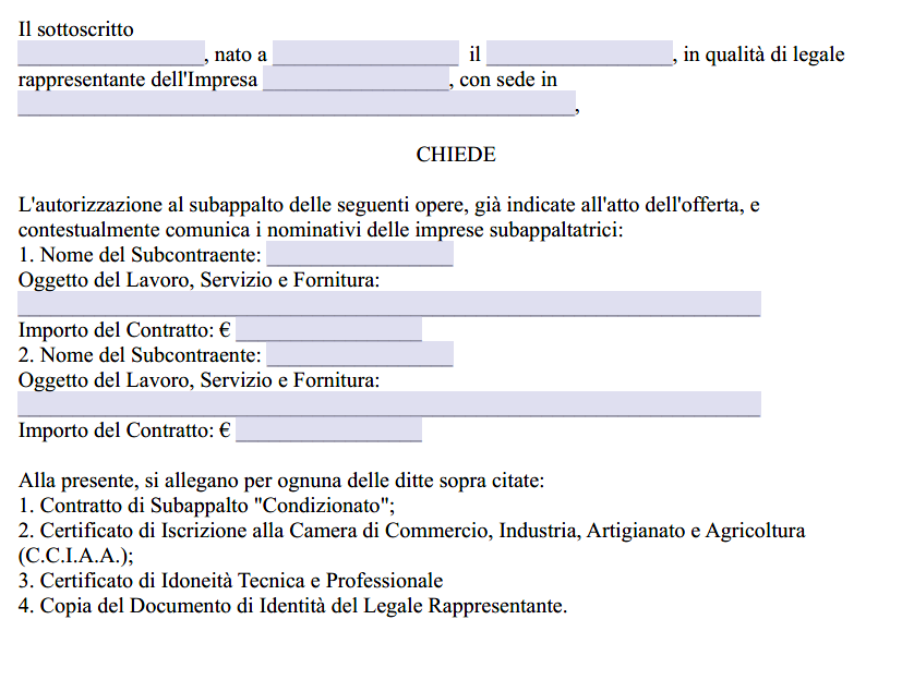 Modello Richiesta Autorizzazione al Subappalto Lavori Privati