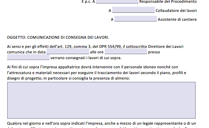 Convocazione Appaltatore per Consegna Lavori