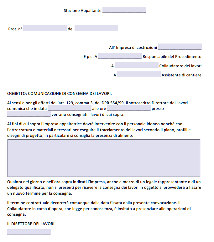 Convocazione Appaltatore per Consegna Lavori