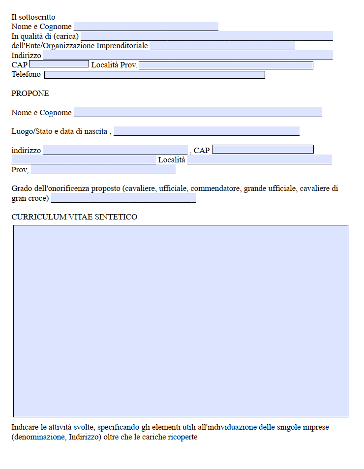 Modulo segnalazione Cavaliere della Repubblica