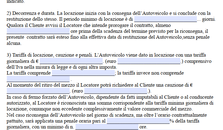 Contratto di Noleggio Senza Conducente