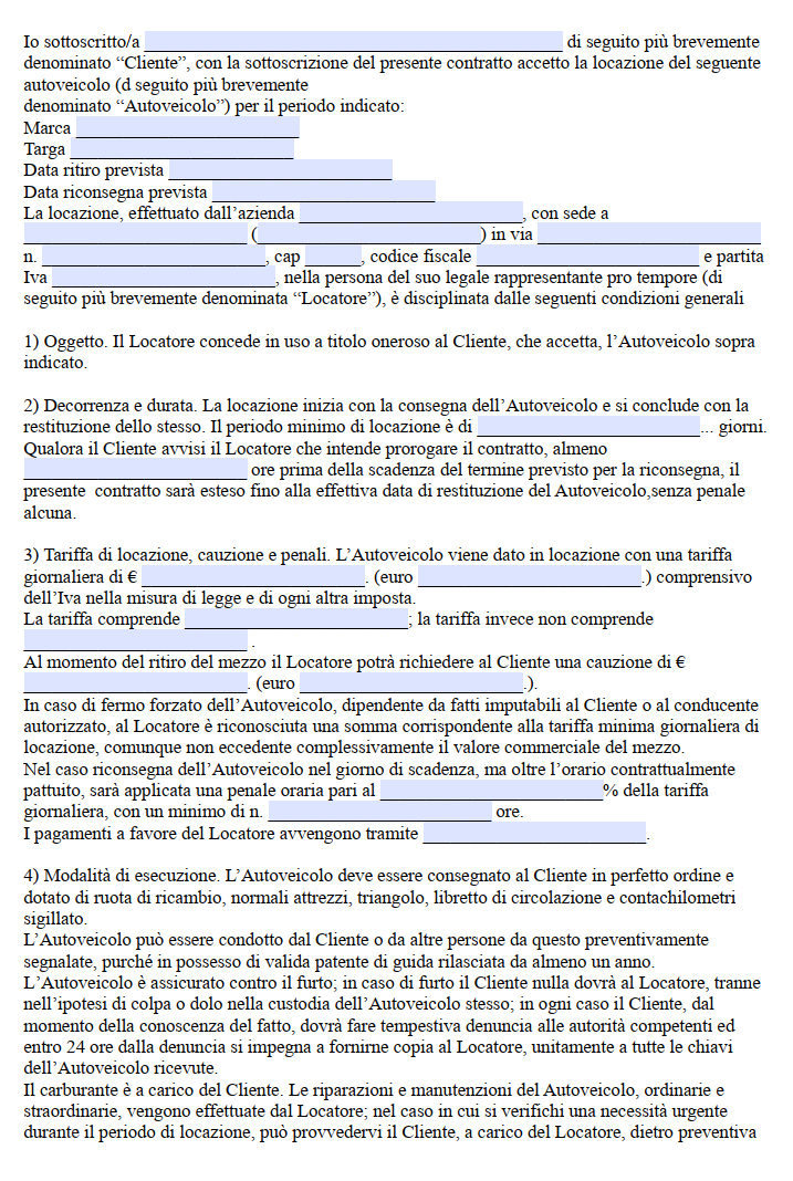 Contratto di Noleggio Senza Conducente