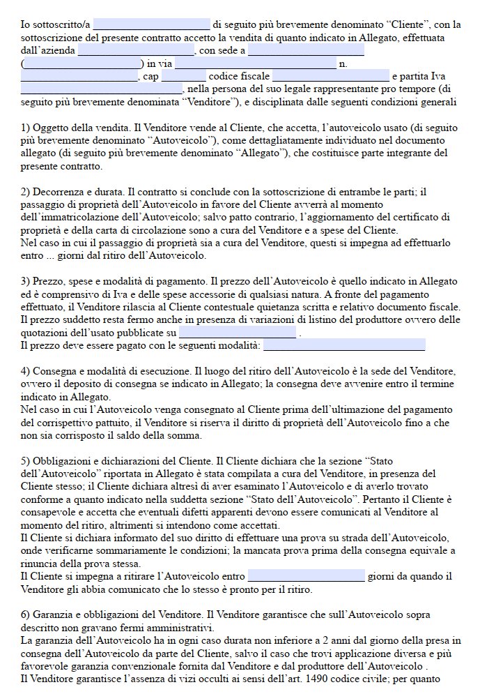 Contratto di Acquisto Auto Usata dal Concessionario