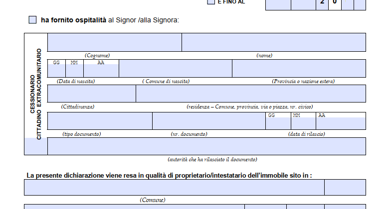 Modulo Comunicazione di Ospitalità in Favore di Cittadino Extracomunitario