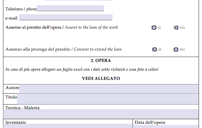 Modello scheda prestito di opere d'arte