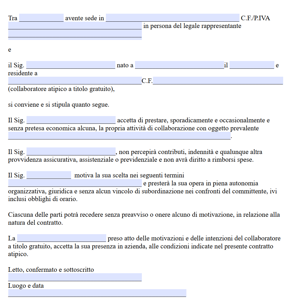 Modello Prestazione a Titolo Gratuito Word e PDF