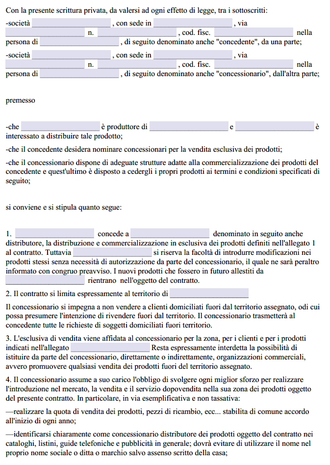 Contratto di Esclusiva Commerciale