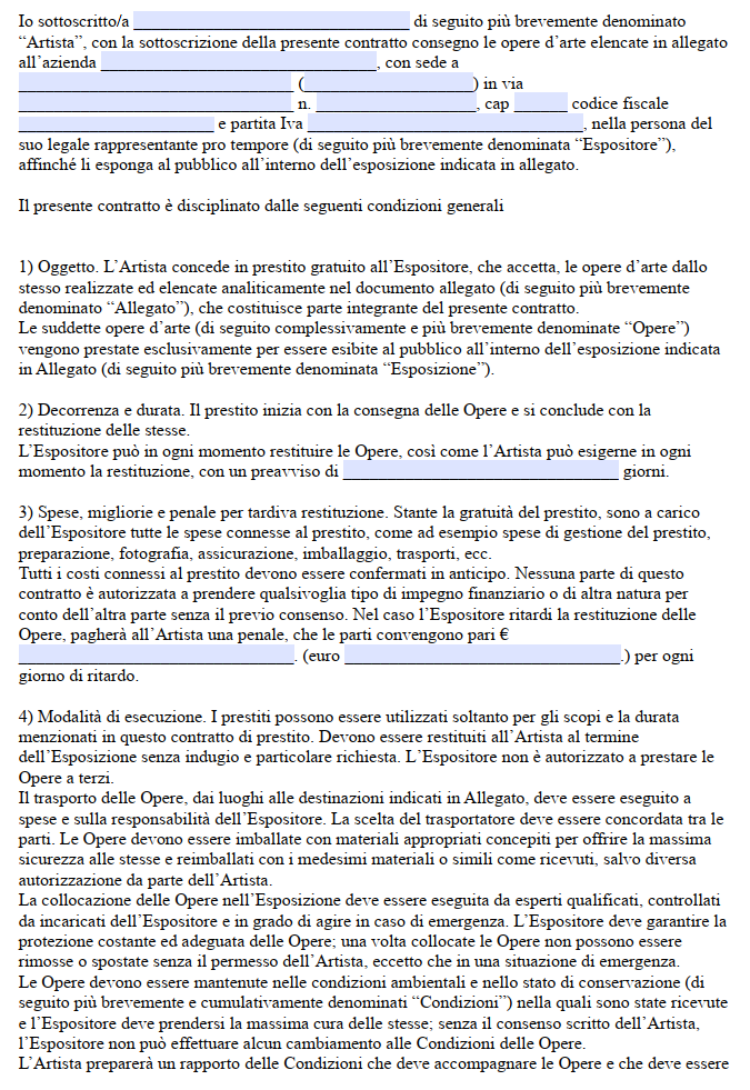 Contratto di Prestito Opere d'Arte