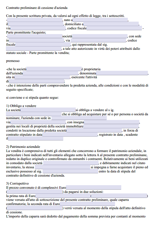 Contratto preliminare cessione azienda