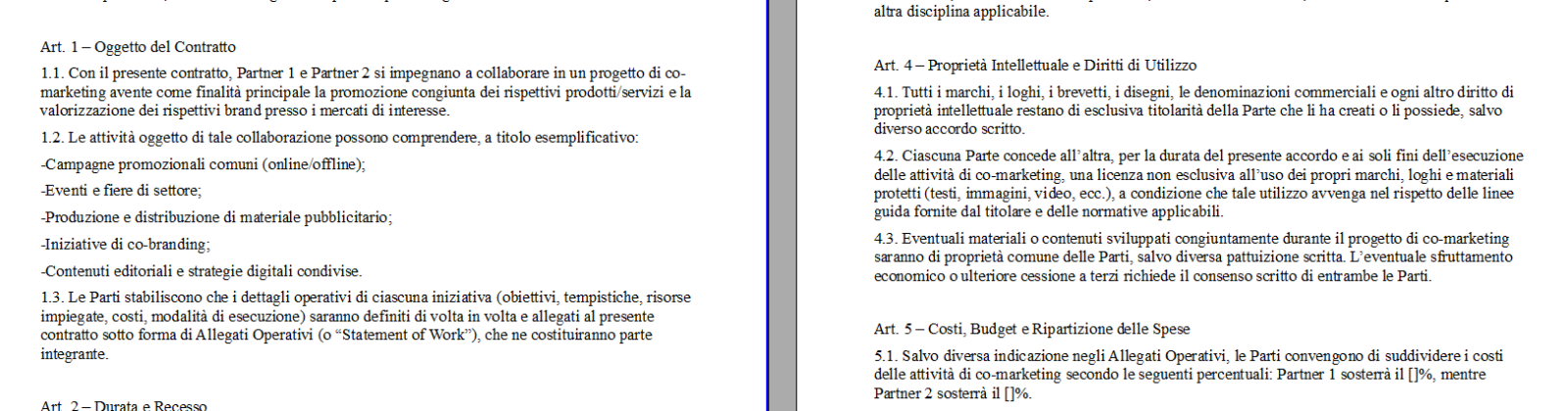 Fac simile contratto di co-marketing
