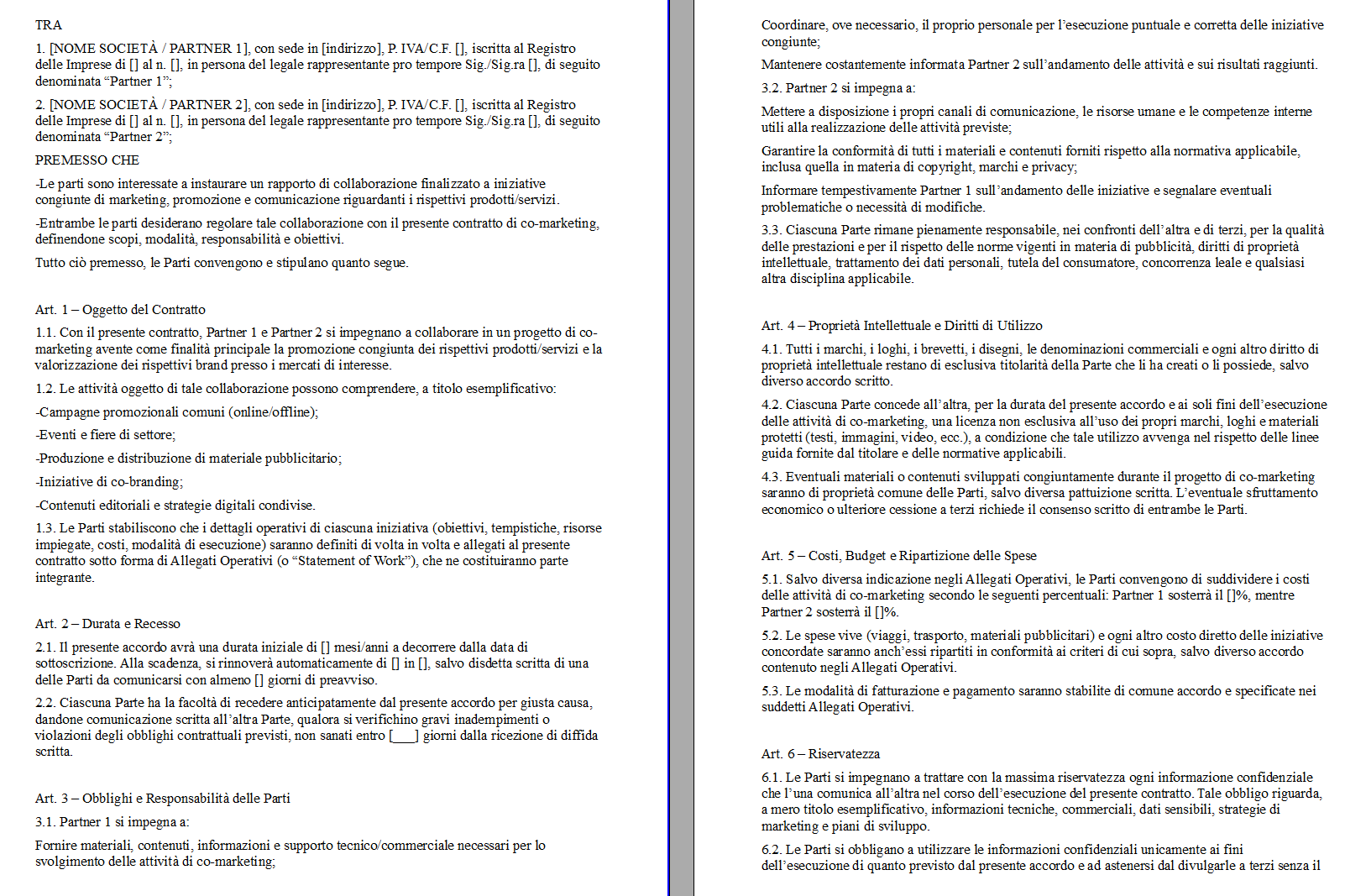 Fac simile contratto di co-marketing