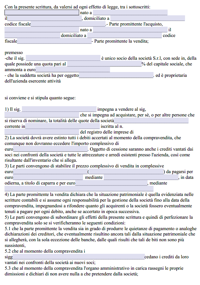 Preliminare cessione quote Srl