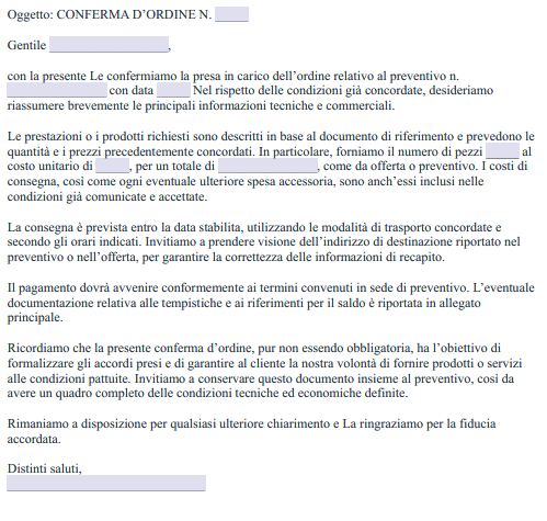 Fac Simile Conferma d'Ordine