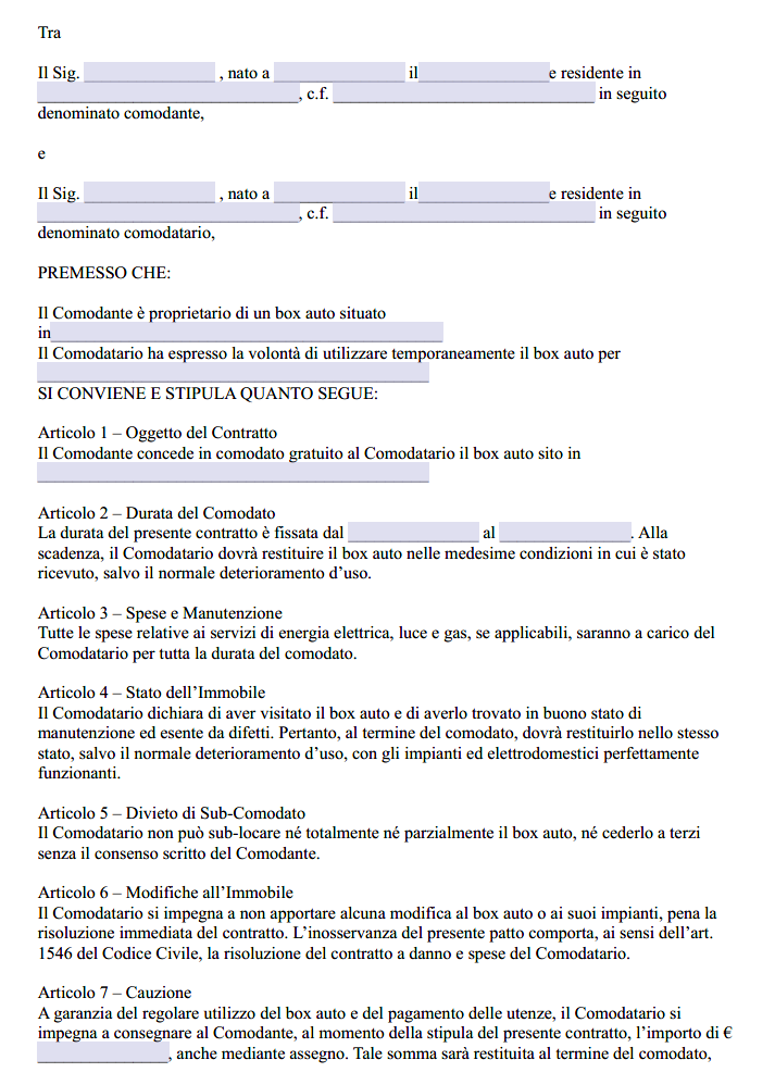 Comodato d'Uso Gratuito Box Auto