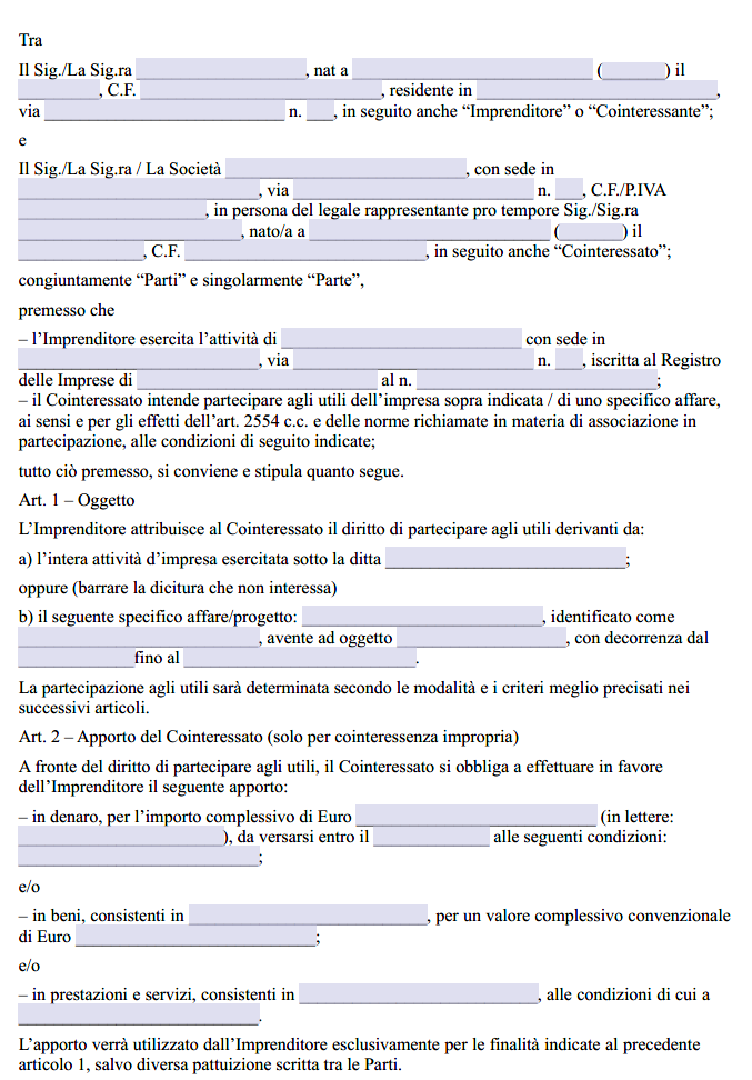 Contratto di Cointeressenza agli Utili