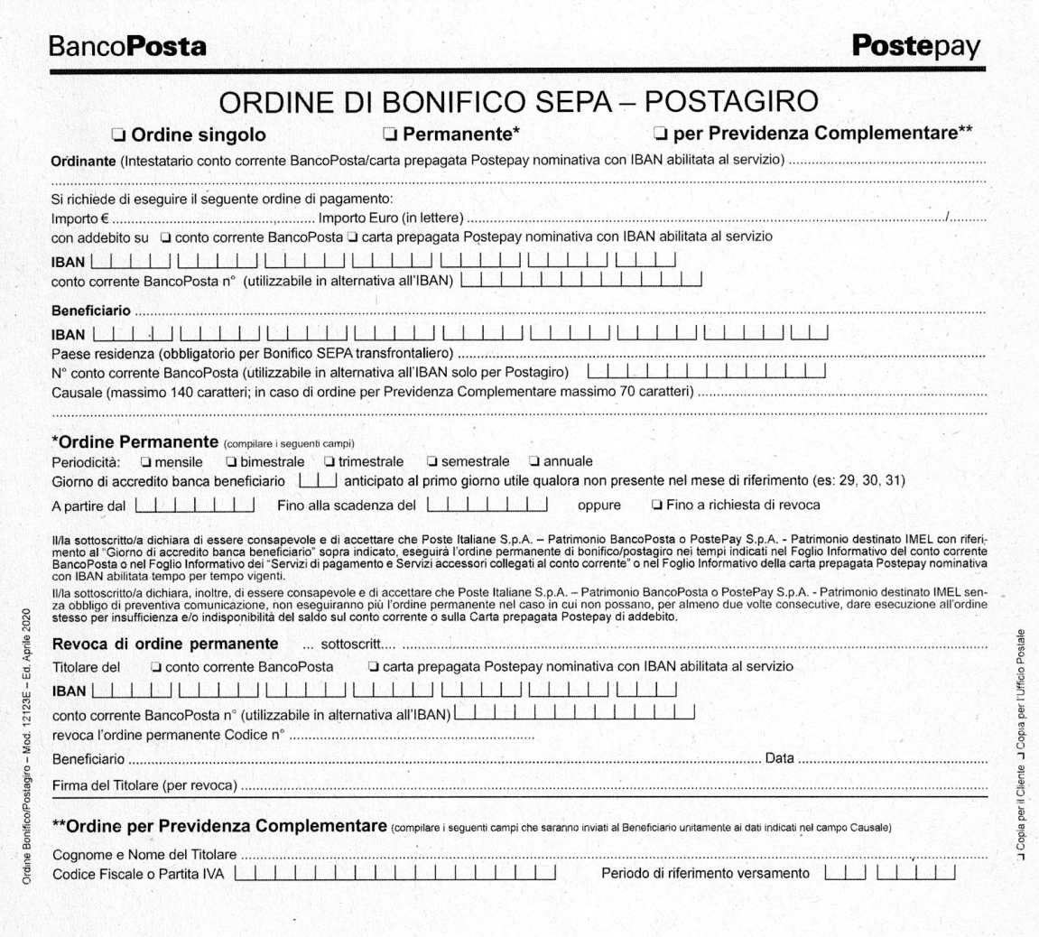 Modulo Bonifico Postale PDF