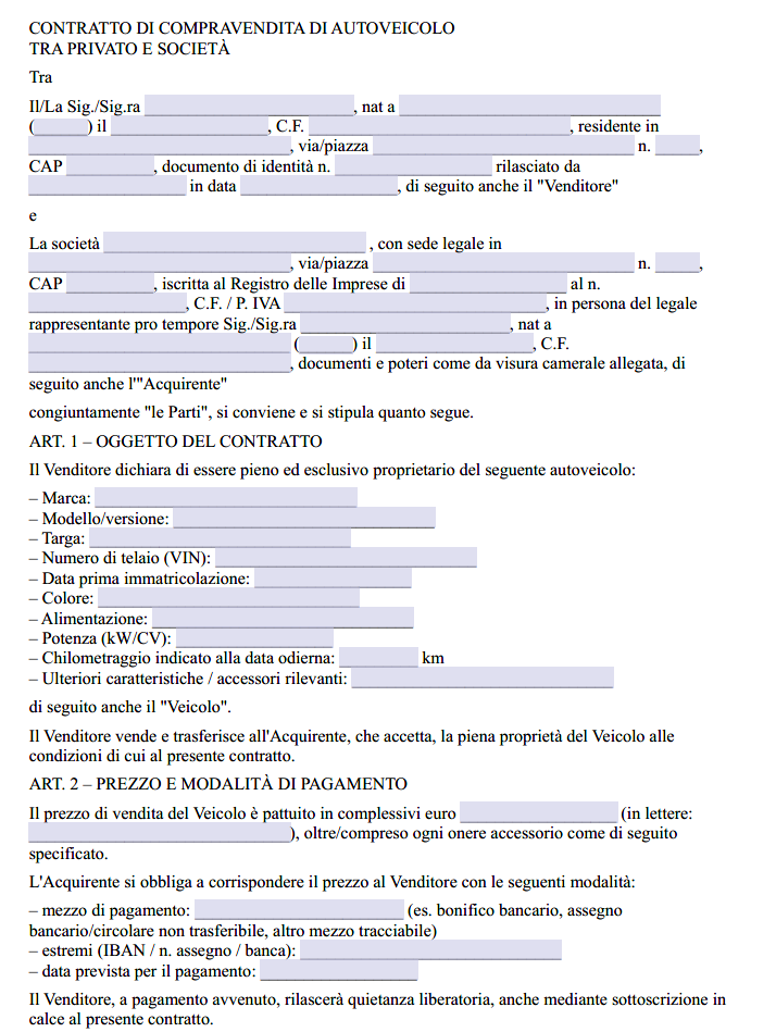 Modulo Vendita Auto da Privato a Azienda