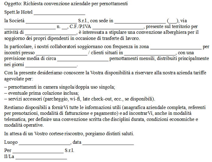 Lettera di Richiesta Convenzione Hotel