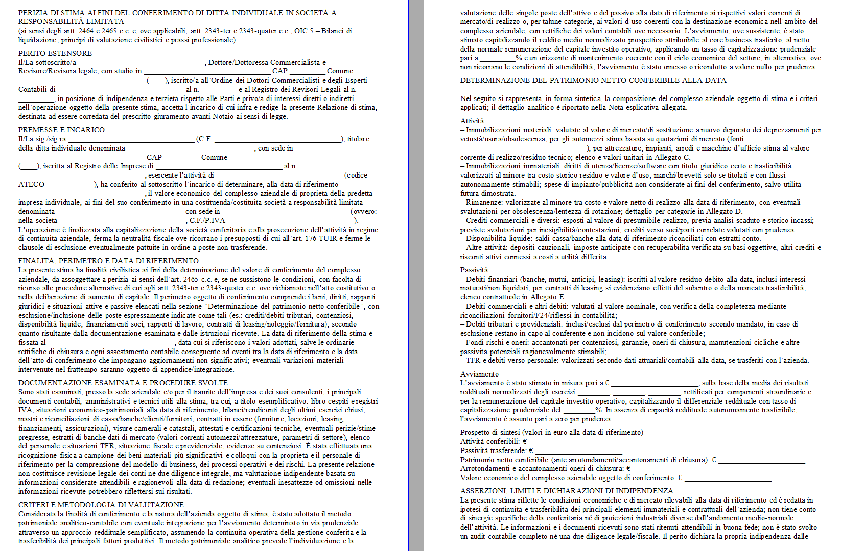 Fac Simile Perizia Conferimento Ditta Individuale In Srl