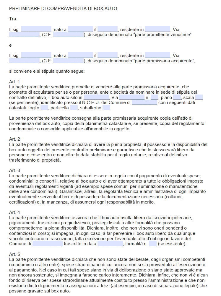 Preliminare di Compravendita Box Auto